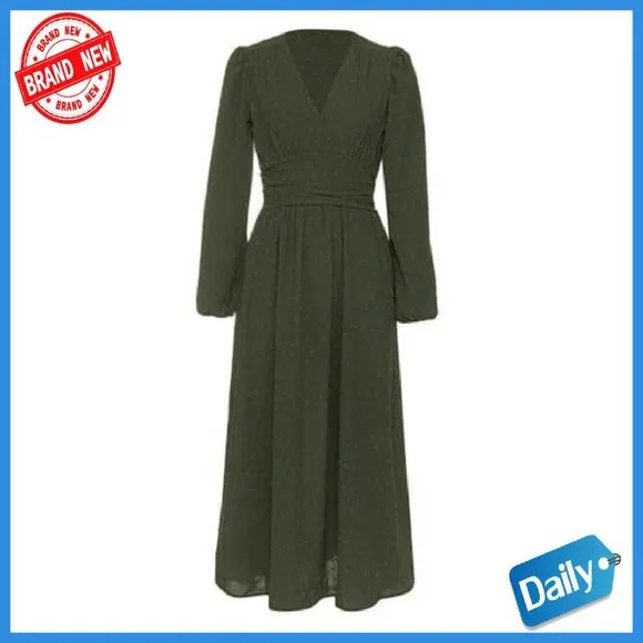 Swiss Dot Maxi Dress V-Neck Long Lantern Sleeves A-Line Flowy - Picture 8 of 8